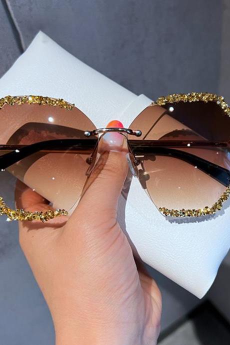 Sunglasses Women Vintage Rimless Luxury Diamond Eyeglasses Gradient Lens Shades For Female Lunette