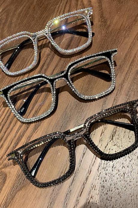 Women Sunglasses Vintage Clear Lens Glasses Ladies Luxury Rhinestone Eyeglasses Men Optical Shades