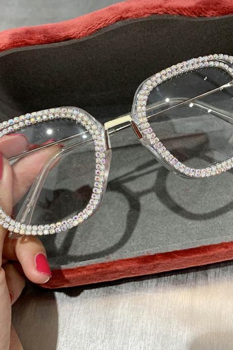 Women Sunglasses Vintage Clear Lens Glasses Ladies Luxury Rhinestone Eyeglasses Men Optical Shades