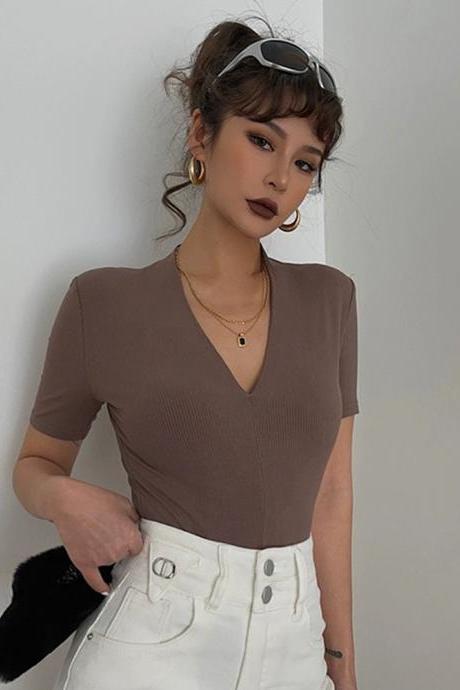 Sexy V-neck Short Sleeve Solid Tight Shirt Top Tee