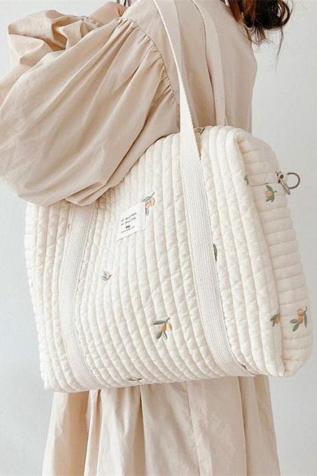 Cute Bear Flower Embroidery Pattern Baby Beige Cotton Fabric Zipper Diaper Handbag Luggage Bag