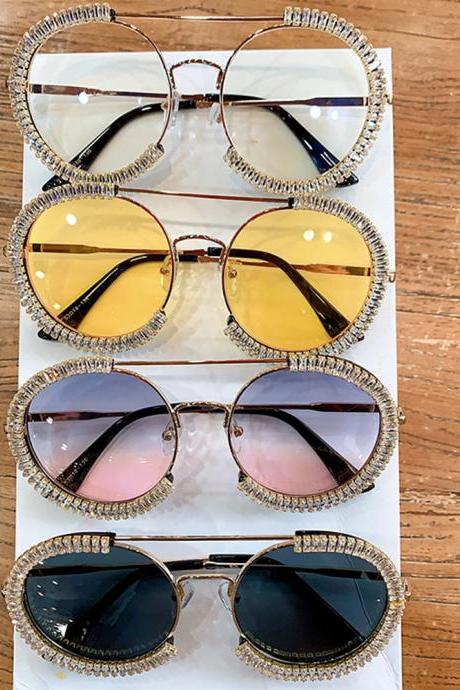 Zircon Oversized Sunglasses Luxury Round Sun Glasses Clear Lens Eyeglasses