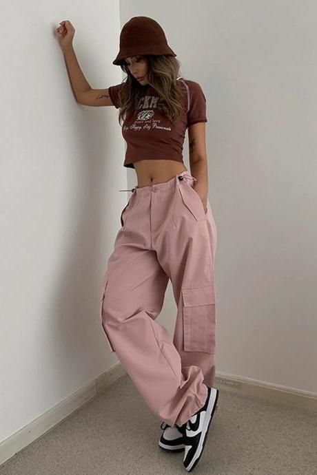 Casual Retro Street style Solid big pocket Pants Trousers