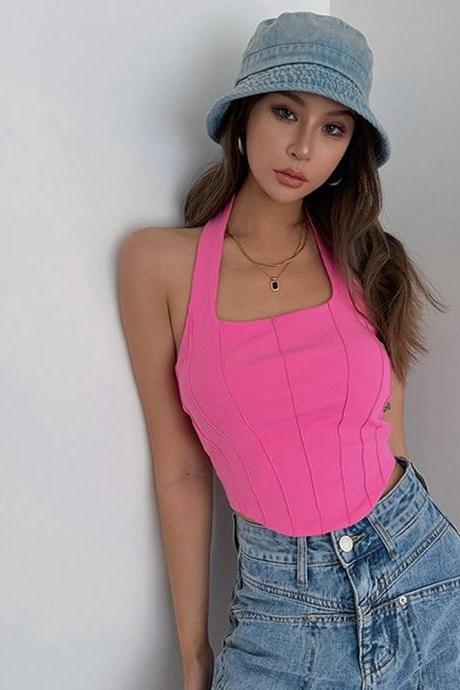 Off Shoulder Strap Backless Tight Top High Waist Sexy Asymmetrical Cami Crop Vest Tank Top