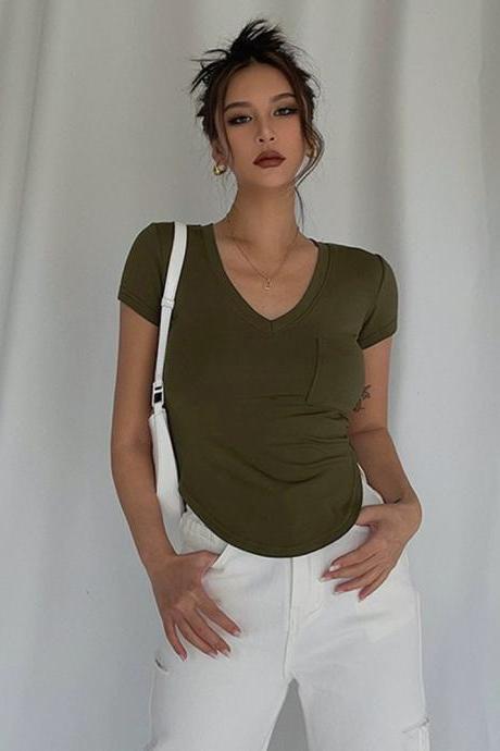 Simple Solid Short Sleeve Top Sexy V-neck Asymmetrical High Waist Crop Shirt Top Tee