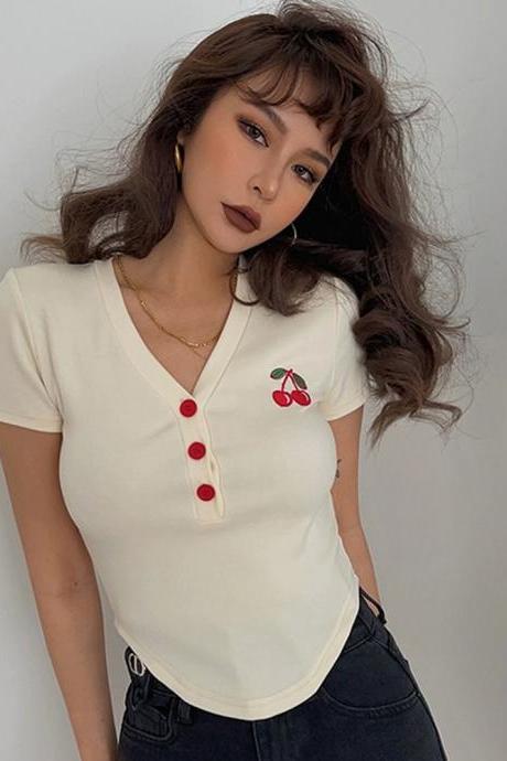 Retro Cherry Embroidery V-neck Short Sleeve Tight Crop Shirt Top Tee