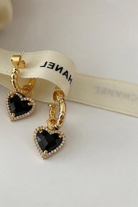 Black Zircon Heart Drop Earrings For Women Girls Korean Elegant Brincos Fashion Jewelry Gold Color Circle Earings