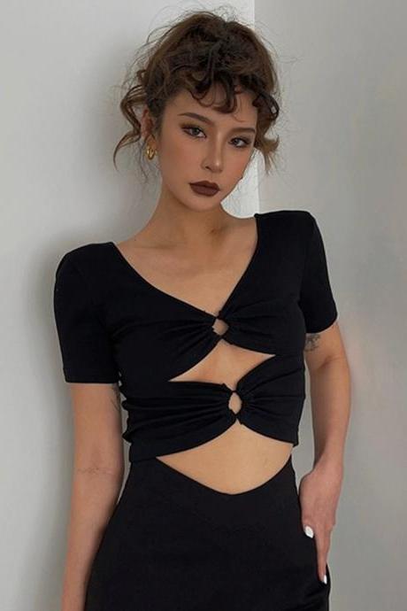 Sexy Two Sides Wear Backless V-neck Top Short Sleeve Tight High Waist Crop Shirt Top Tee