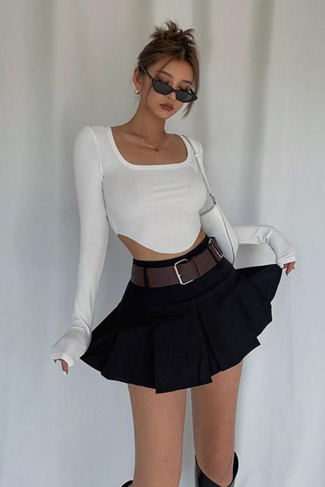 Cute Solid Pleats Skirt High Waist Sexy Mini Skirt
