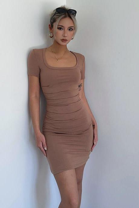 Sexy U-neck Ruffle Short Sleeve Dress Casual Solid Bodycon Mini Dress