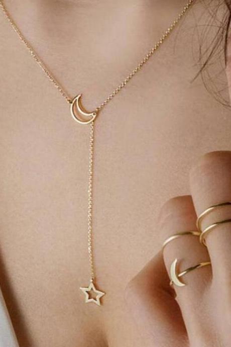 Fashion Moon Star Pendant Choker Necklace Gold Color Alloy Zinc Chain Necklace