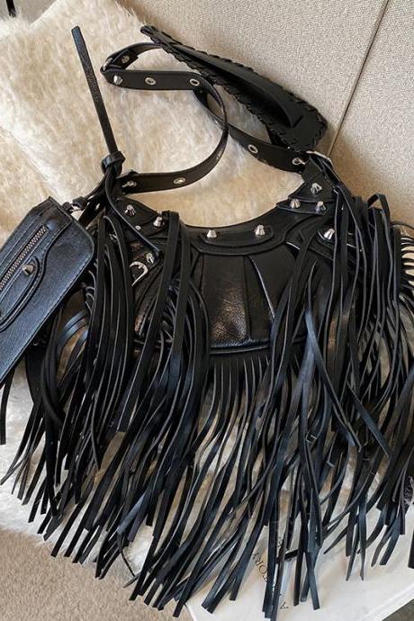Women Bags Designer Luxury Rivets Handbags Tassel Motorcycle Bag Ladies Pu Leather Stylish Cross Body Shoulder Bag