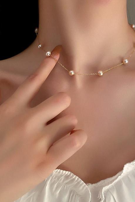 14k Real Gold Pearl Clavicle Chain Necklace For Women Temperament High Quality Jewelry