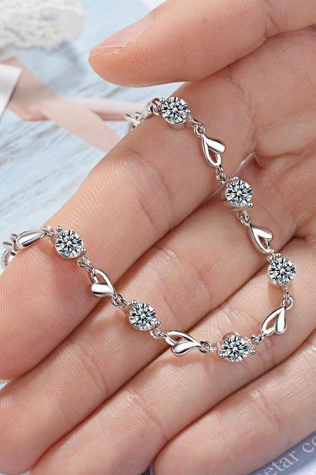 Sterling Silver Zircon Lovers Heart Shaped Bracelets Crystals For Women Valentines Gift Wedding Party Noble Jewelry