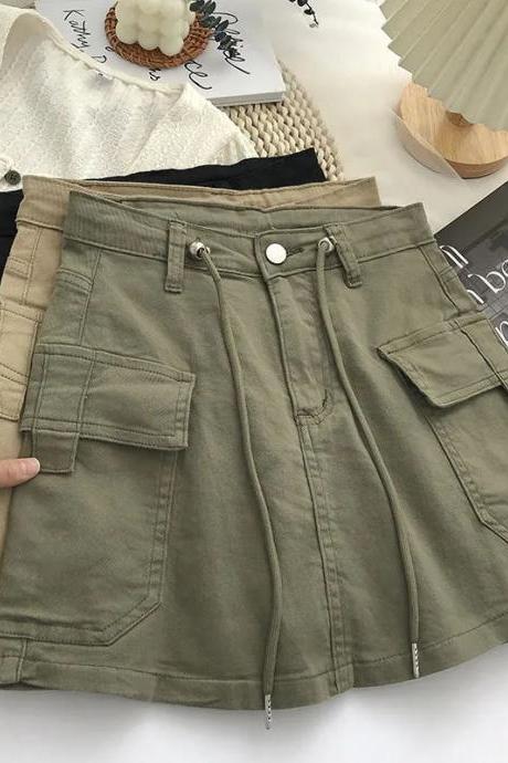 Army Green Short Cargo Skirt Women Drawstring High Waist Mini Skirts Female Y2k Streetwear Big Pocket A-line Skirts