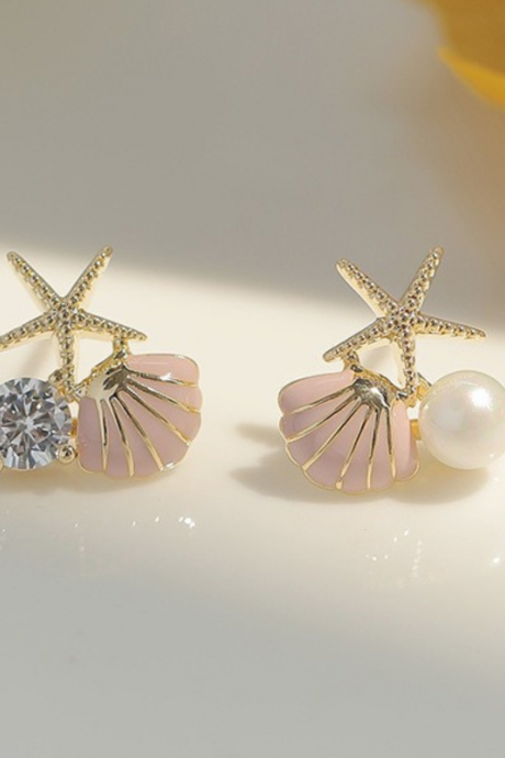 Fashion Personality Simple Asymmetric Zircon Earrings Refined Starfish Shell Pearl Earrings Women