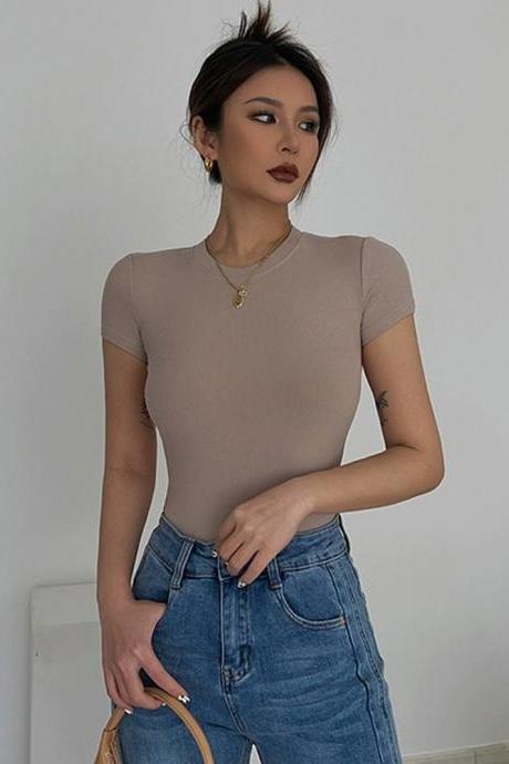 Casual Stretch Tight Scoop Neck Short Sleeve Shirt Top Tee