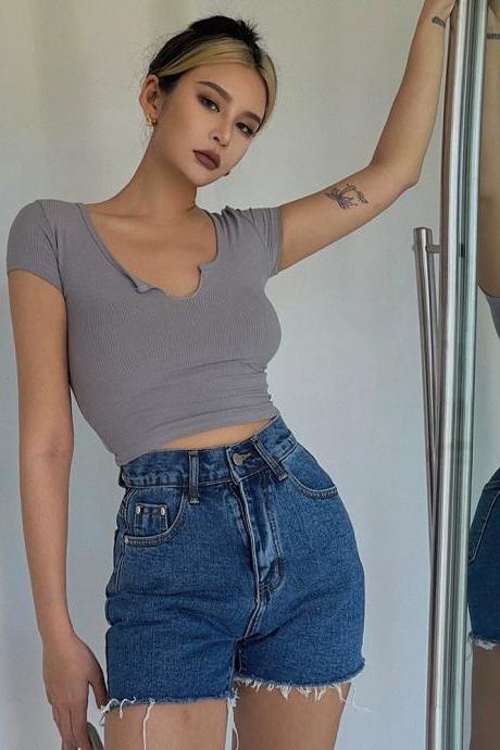 Sexy High Waist V-neck Short Sleeve Top Stretch Tight Simple Solid Crop Shirt Top Tee