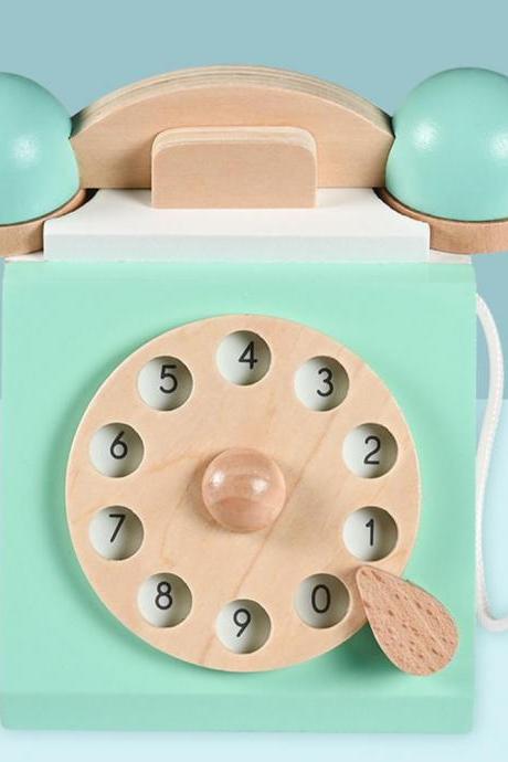 Pretend Play Phone Vintage Interactive Wood Communication Skills Training Rotary Phone Toy For Children