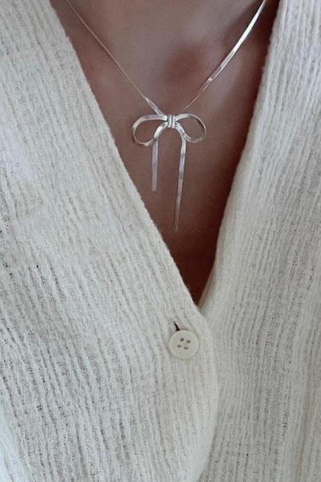 925 Sterling Silver Bowknot Snake Bone Chain Necklace For Women Girl Simple Design Korean Jewelry