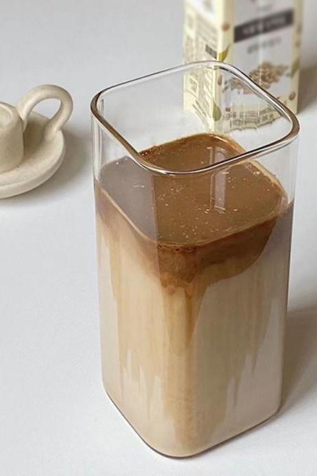 Square Heat Resistant Transparent Coffee Glass Mug Milk Tea Juice Glass Water Cup With Lid And Straw Coffee Cup Drink Mug