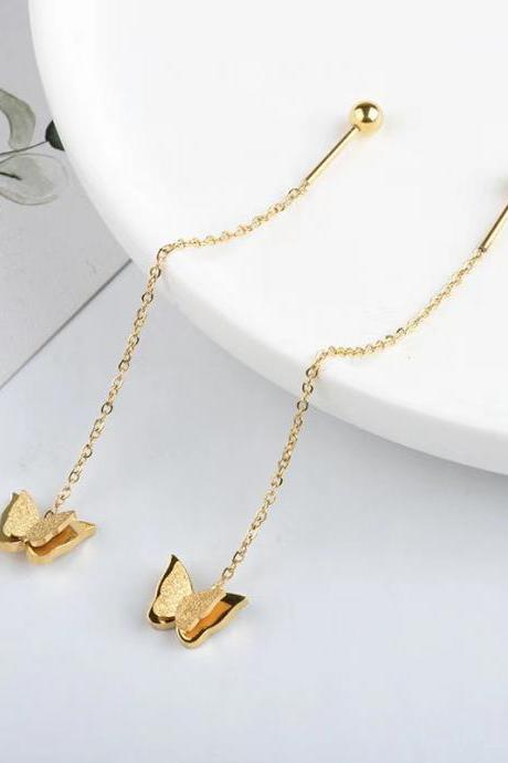 Cute Frosted Butterfly Stainless Steel Gold Plated Not Fade Long Drop Earrings Ear Wire Ladies Women Gift Fashion Accessories