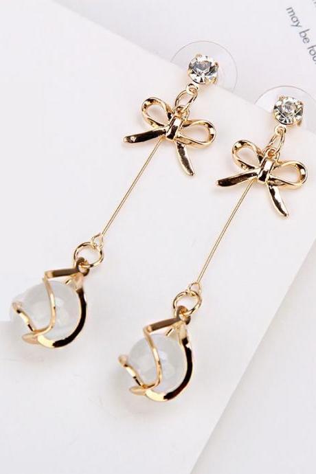 European And American Fashion Women Delicate Personality Temperament Long French Opal Bow Earrings