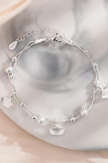 Leaf Bracelets For Women Double Layer Bead Charm Bracelet Fashion Silver Color Jewelry Gifts