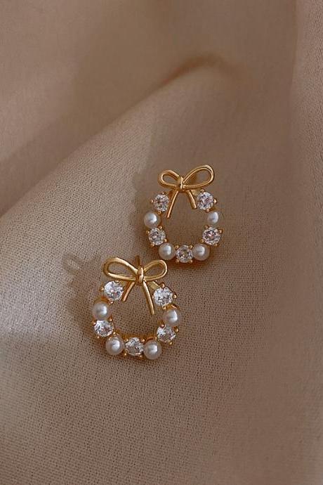 European And American Pearl Bowknot Zircon Earrings Fashion Light Luxury Temperament Simple Personality Women Earrings