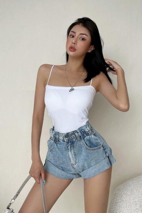 Retro High Waist Solid Jeans Shorts