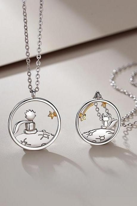 European And American Fashion Little Prince And Little Fox Lover Necklace Cartoon Hollow Out Circular Pendant Collar Chain