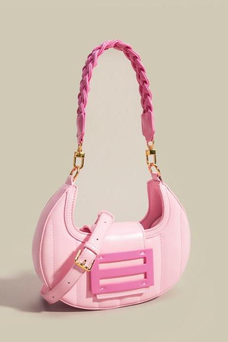 Niche Design Stylish Pink Crescent Bag Premium Texture Underarm Bag New Handwoven Element Summer Individual Shoulder Bag