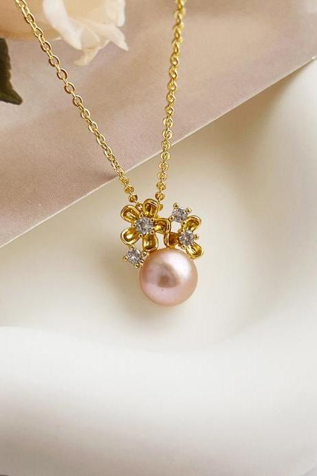 Korean Style 14k Gold Plated Brass Round Pink Freshwater Pearl Cz Zircon Flowers Pendant Choker Necklace For Women 2023