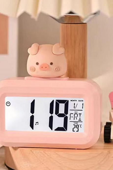 Digital Clock Temperature Display Large Screen Electronic Date And Day Alarm 8 Different Rings Piggy Shape Desktop Clock