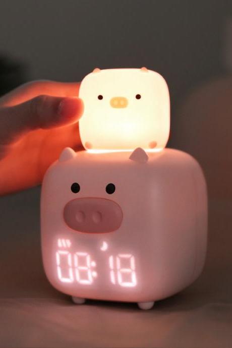 Pig Night Light Usb Rechargeable Silicone Night Lamps Smart Alarm Clock Student Led Numbers Wake Bedside Alarm Clock For Kids