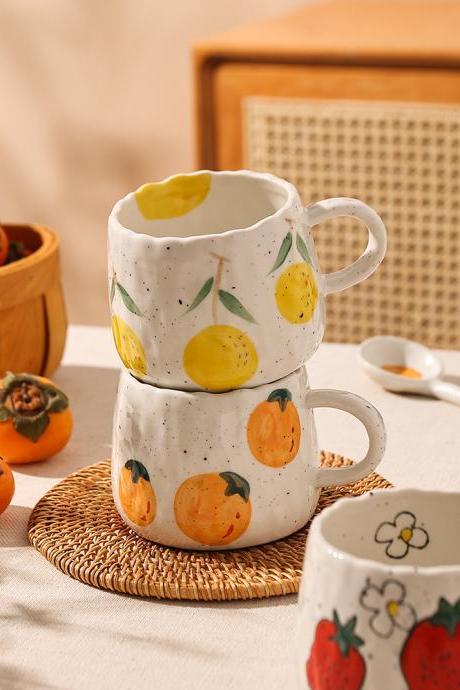 Japanese Ceramic Mugs Coffee Cups Ins Fresh Fruit Printed Milk Tea Cup Home Kitchen Drinkware Irregular Hand Pinched Mug