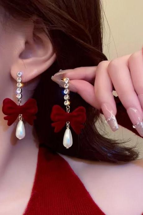 Fashion Velvet Wine Red Bowknot Earrings For Women Long Zircon Pearl Earring Wedding Party Jewelry Gift