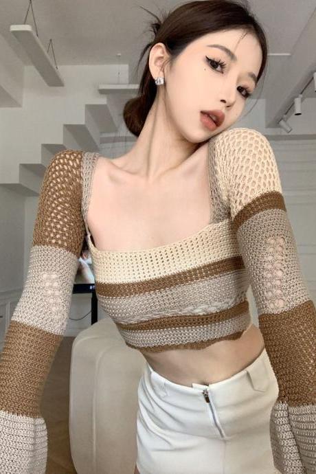 Cropped Slim Square Neck Bell Sleeve Sweater Top Women's Autumn Cutout Niche Pullover Color-block Undershirt Sweater