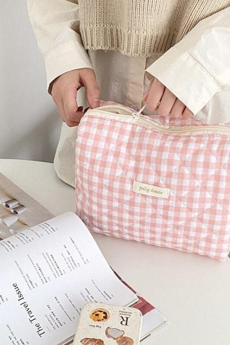 Casual Women&amp;#039;s Cosmetic Pouch Large Capacity Travel Storage Bags Simple Plaid Ladies Clutch Handbags Pink Canvas Female Bag