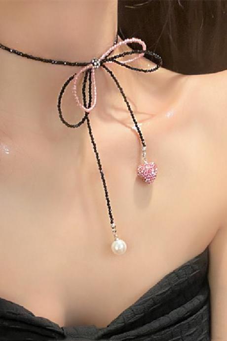 Pink Black Beaded Bow Beaded Clavicle Chain Pink Love Pearl Lace-up Necklace Niche Design Necklace