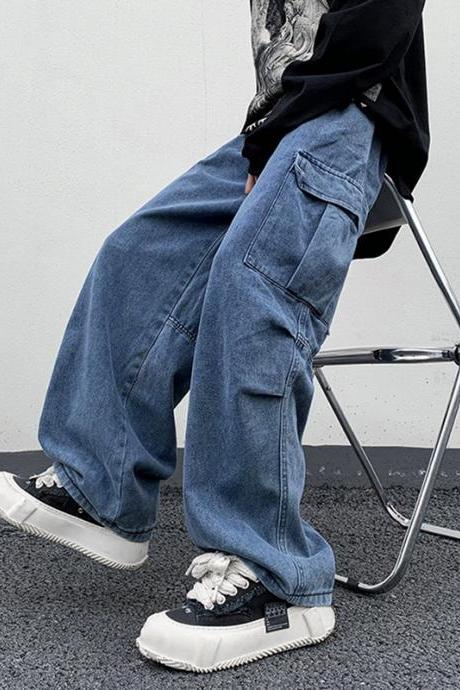 Men Jeans Wide Leg Denim Cargo Jean Pants Loose Straight Baggy Men&amp;#039;s Jeans Hip Hop Streetwear Skateboard Neutral Denim Trousers