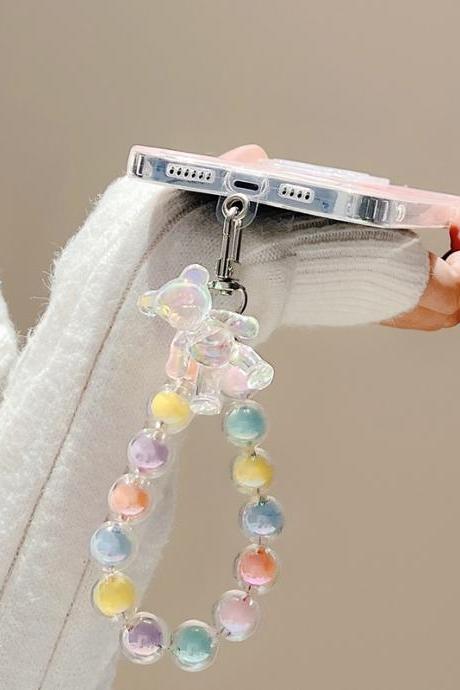 Cute Bear Colorful Cell Phone Chain Cute Lanyard Bracelet For Iphone 14 13 12 11 Pro Max Girl Beads Hanging Clips Keychain Strap