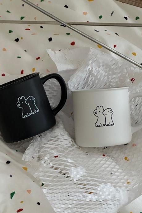Cute Dog Pattern Coffee Cup Black And White Couple Milk Mug Simple Style Frosted Ceramic Coffee Cup Set