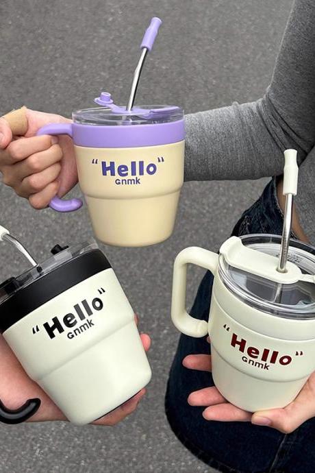 Cute Korean Coffee Thermal Cup Thermos Mug Stainless Steel Cup With Straw Lid For Cold Drinks Water Tea Milk Portable Bottle
