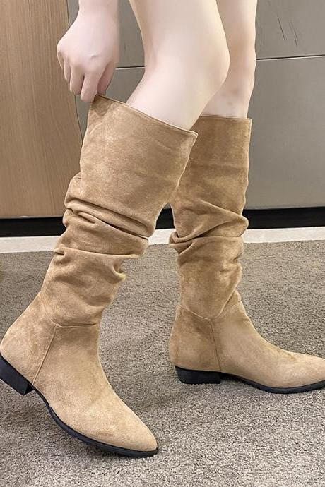 Slip On Pleated Knee High Boots Women Korean Fashion Pointed Toe Faux Suede Botas Woman Autumn Retro Western Cowboy Knight Boot