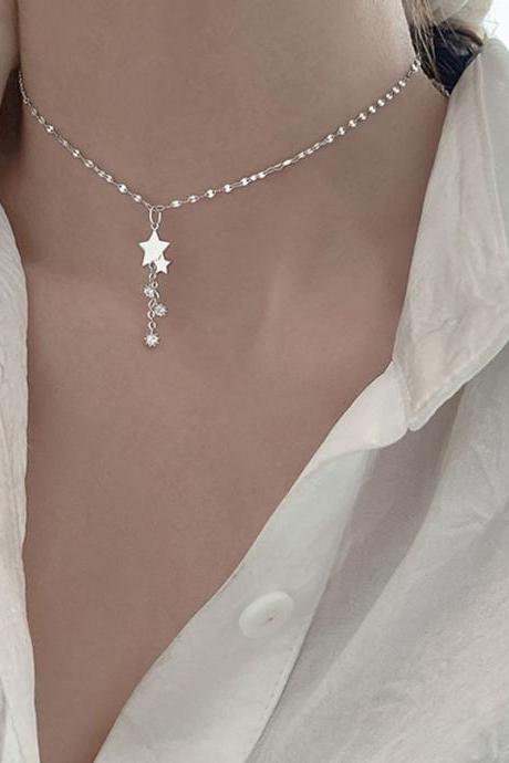Silver Color Star Necklace For Women Girl Zircon Choker Asymmetry Jewellery Birthday Gift