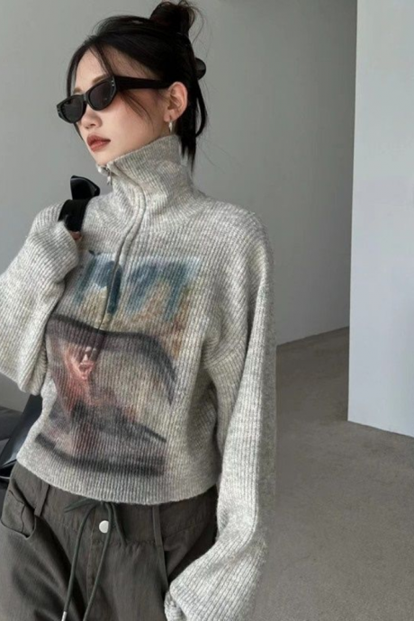 Y2k Vintage Knitted Sweaters High Collar Half Zipper Pullover Women Japanese Printed Jumpers Knitwear Autumn All Match Pullovers