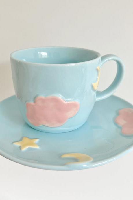 Korean-style Niche Kawaii Girl Heart Mug Plate Stars And Clouds Underglaze Color Hand-painted Cup Set Coffee Cup Set
