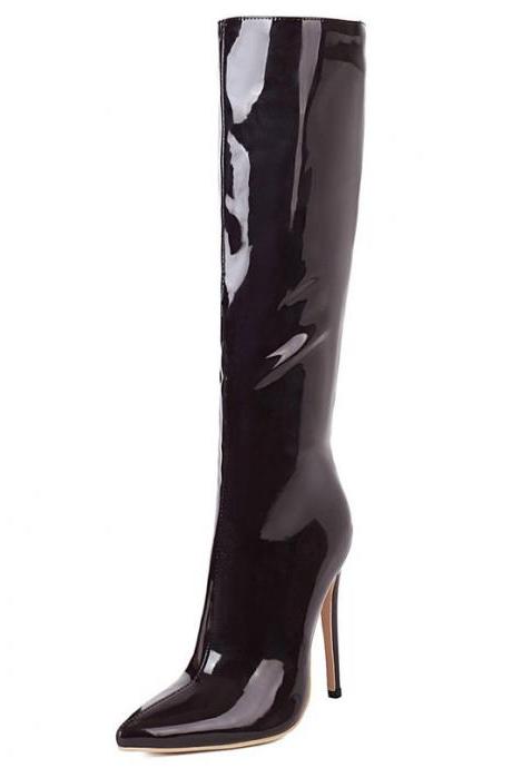 Women Knee High Boots Sexy Pointed Toe Thin High Heel Ladies Calf Boots Patent Pu Leather Side Zipper Party Women's Boots