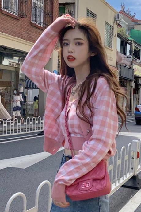 Women's Pink Plaid Sweater Coat Spring Autumn Loose Long-sleeved Top Cardigan Sling Set Korean Fashion Style Knit Kpop